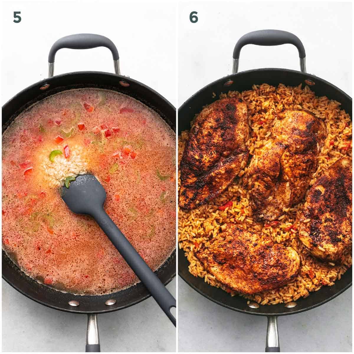 two steps of rice and chicken cooking in a skillet