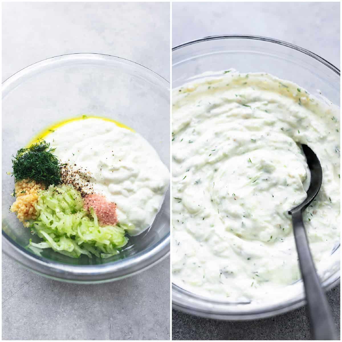two steps of mixing together ingredients for tzatziki sauce