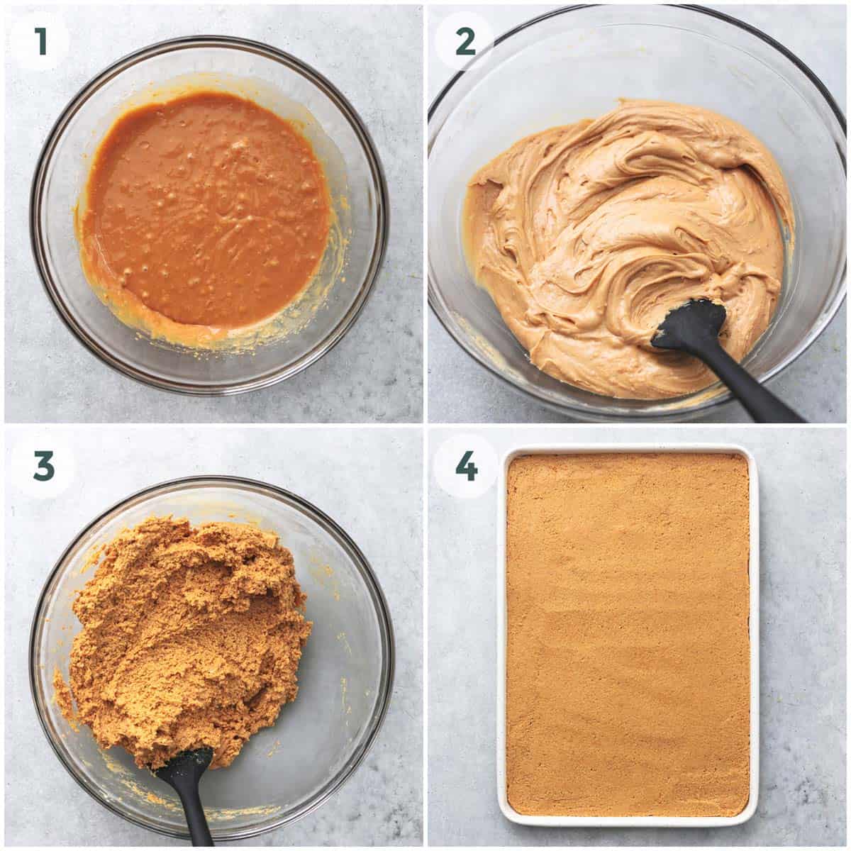 four steps of preparation for peanut butter bars base