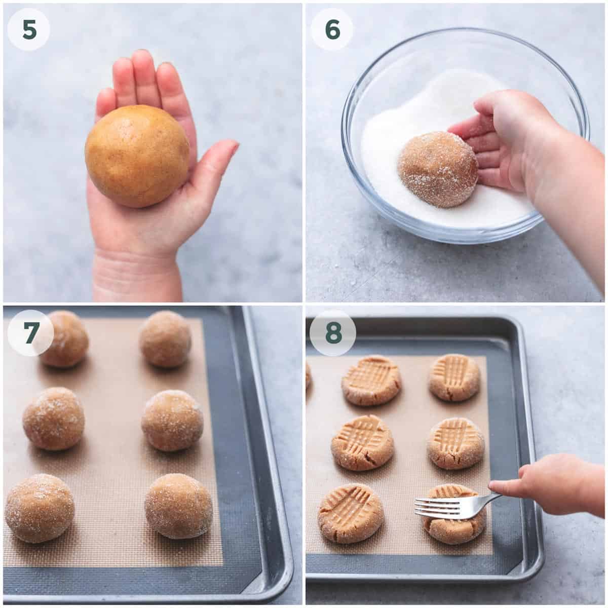 four steps for rolling and smashing peanut butter cookies before baking