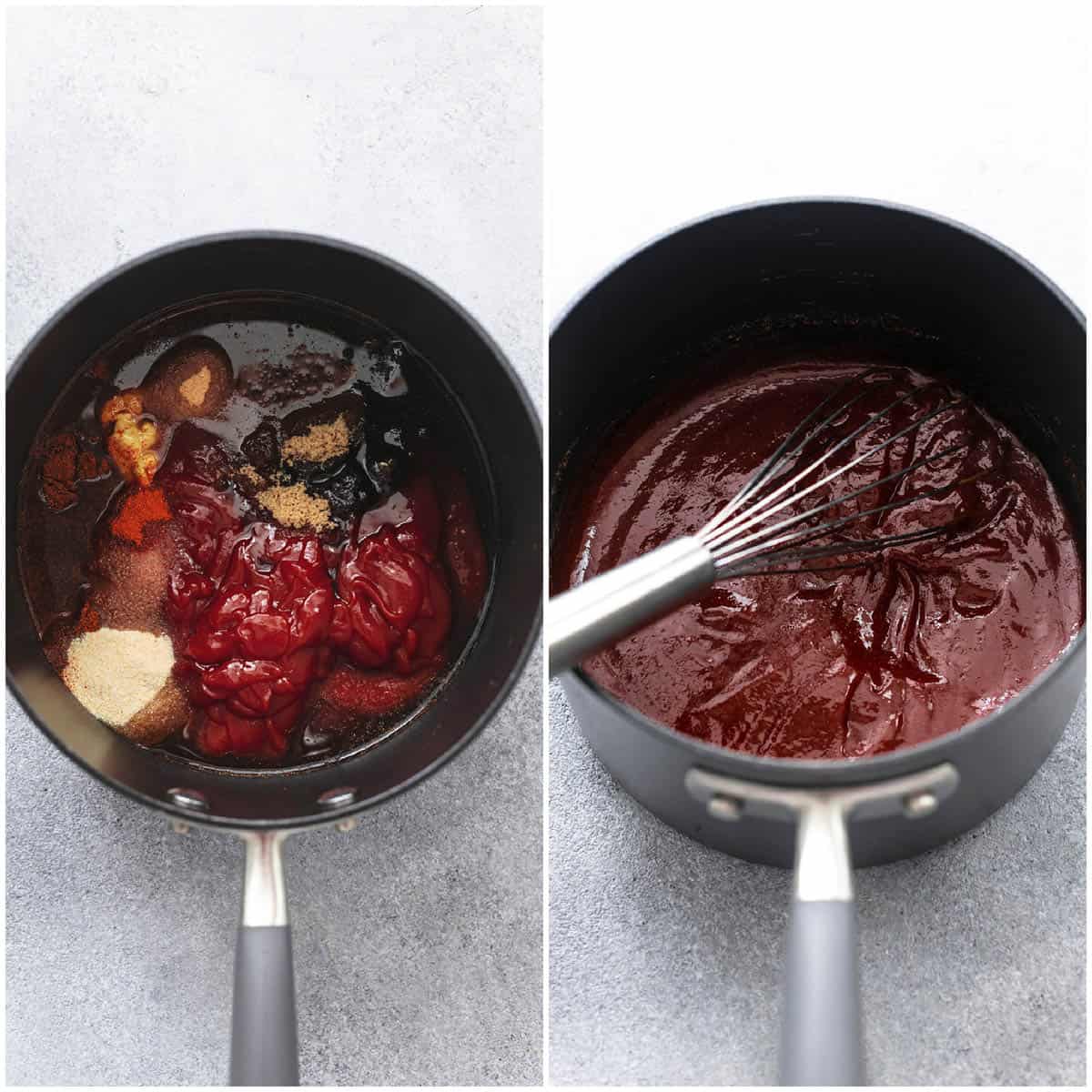 two images side by side of sauce cooking in pot