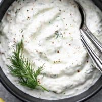 overhead view of creamy tzatziki sauce in a bowl