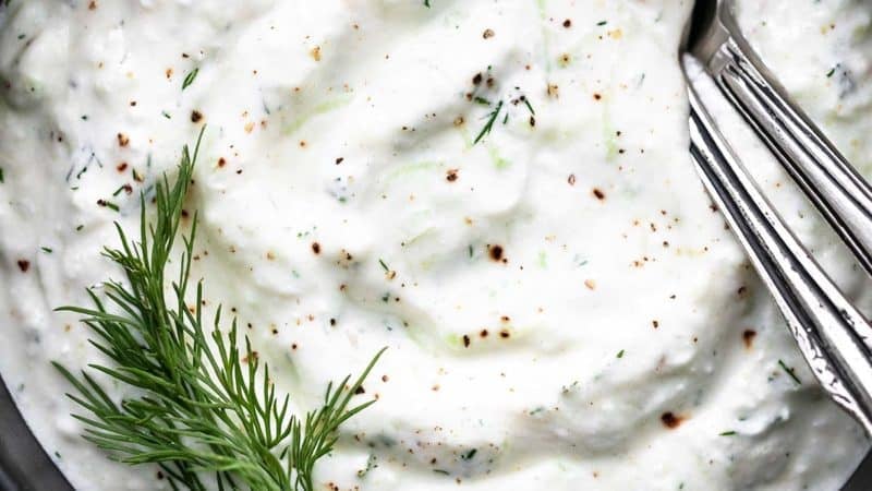 overhead view of creamy tzatziki sauce in a bowl