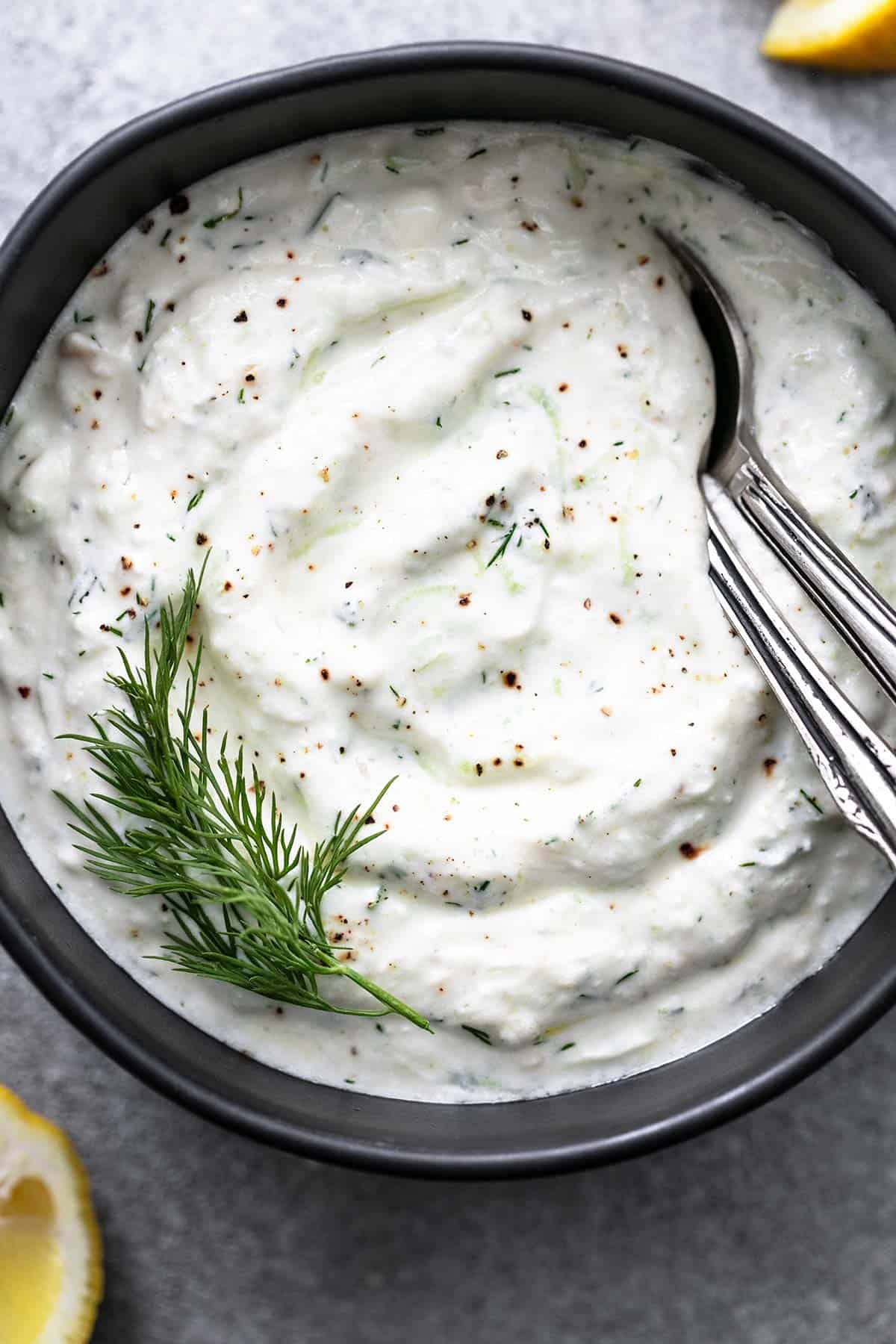 overhead view of creamy tzatziki sauce in a bowl