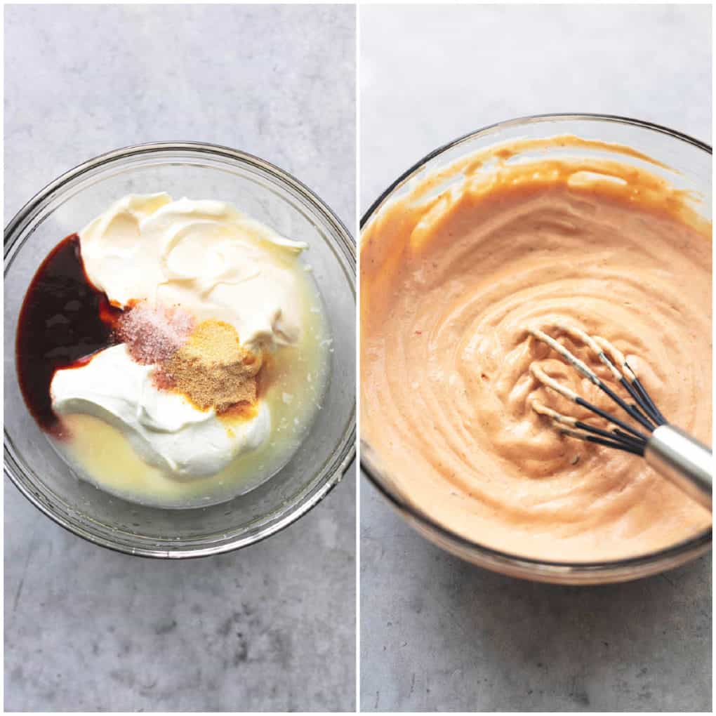 two steps of mixing together sauce in a bowl