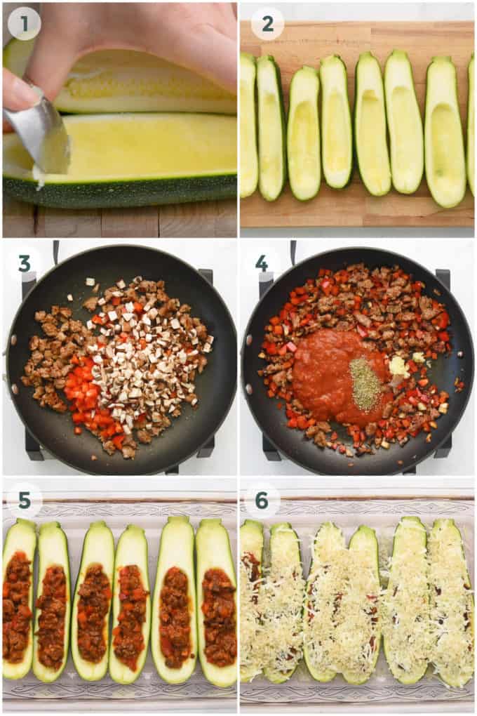 six steps of preparing stuffed zucchini boats recipe