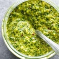 chimichurri sauce in bowl with spoon