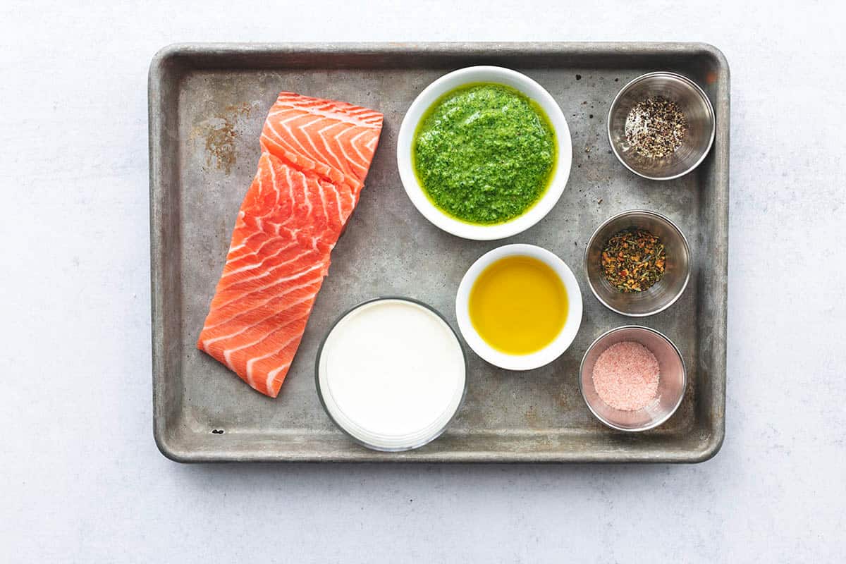 ingredients on a tray for salmon dish