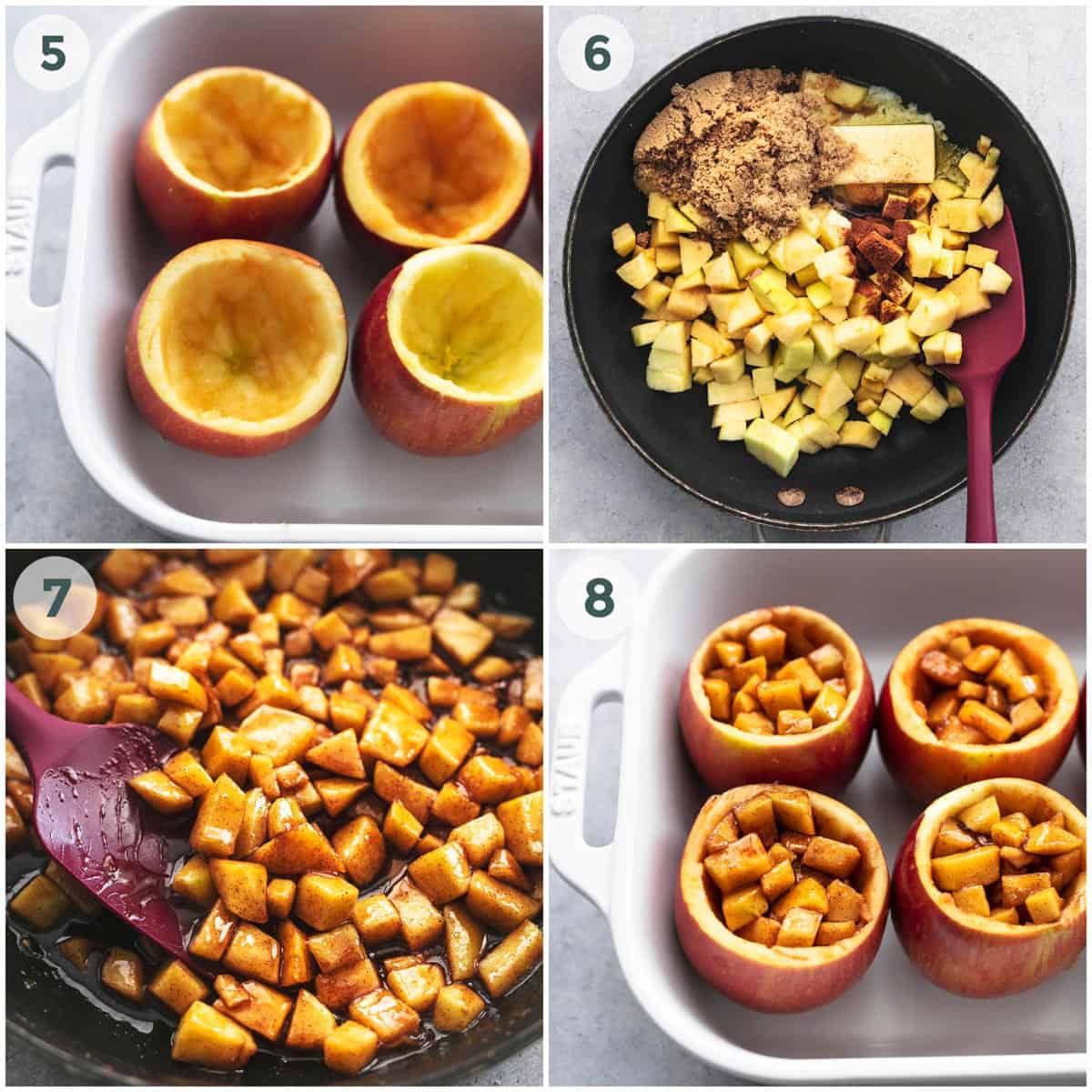 four steps of stuffing apples with apple filling