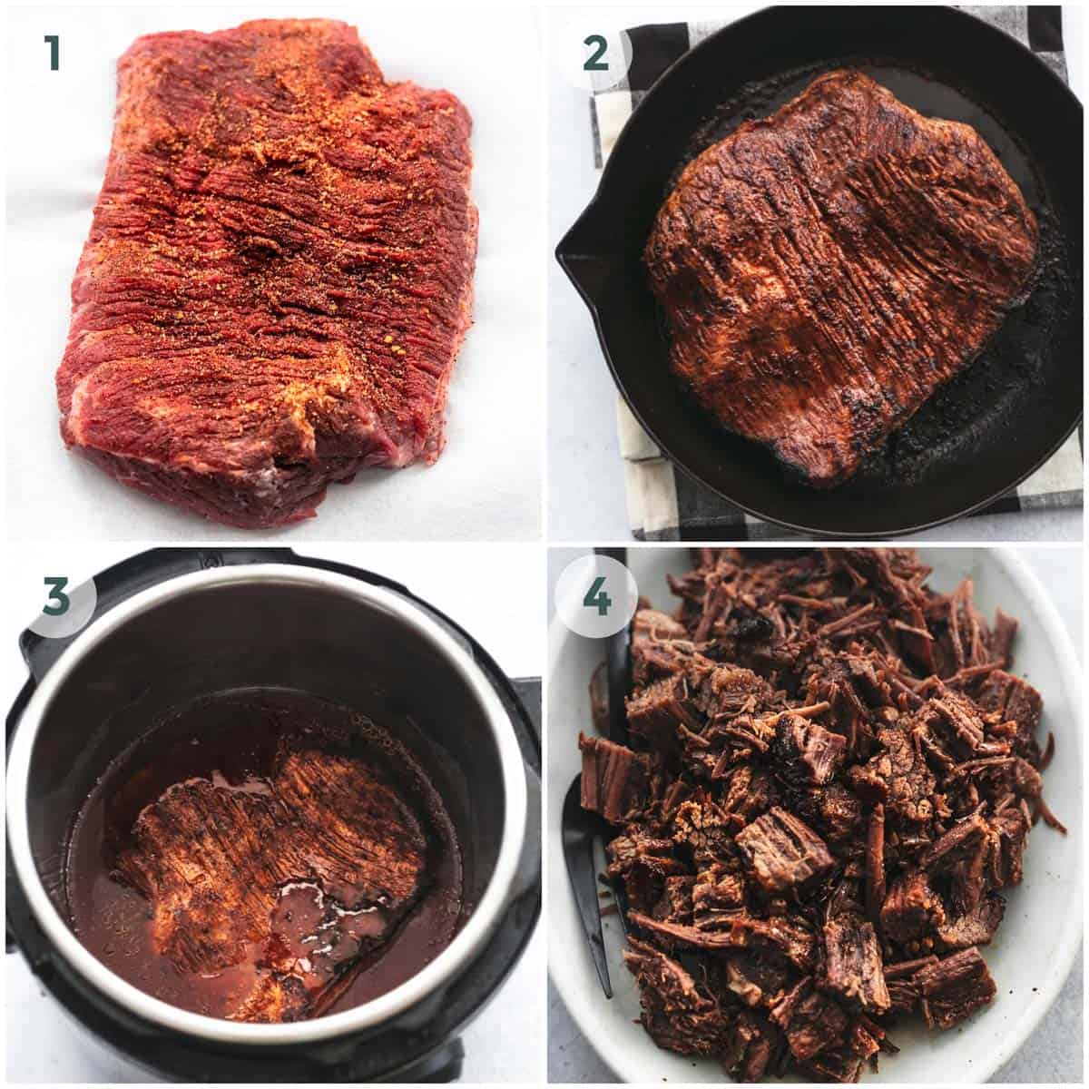 four steps of preparation of bbq beef brisket in instant pot
