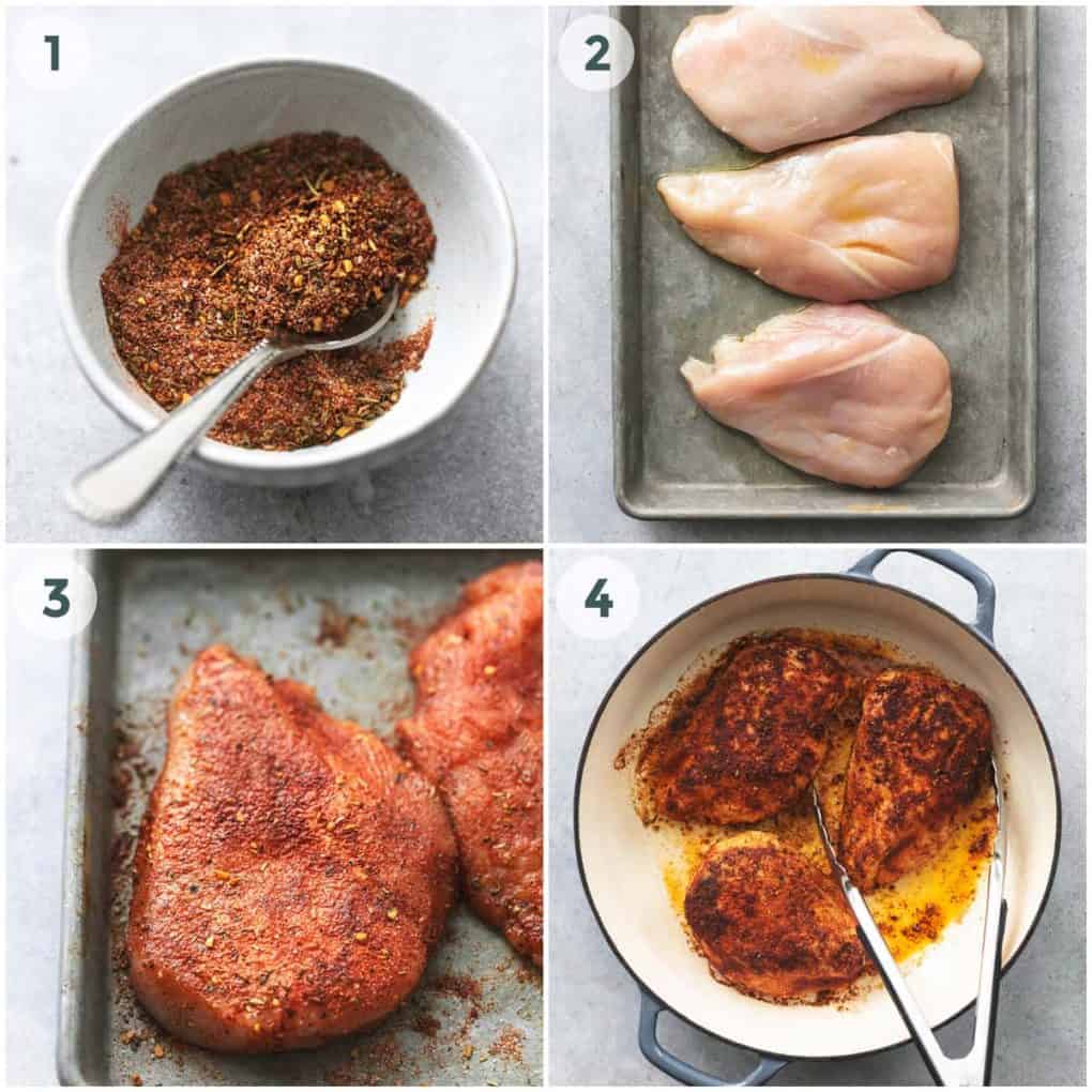 collage of four steps of baked chicken recipe