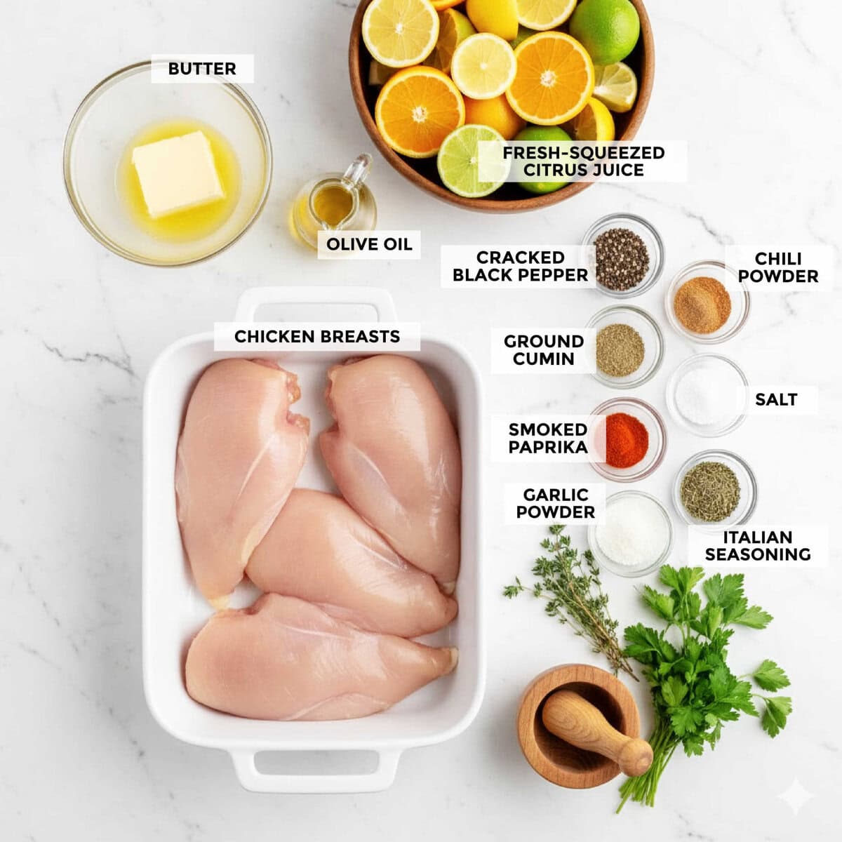Ingredients for best baked chicken breasts recipe.