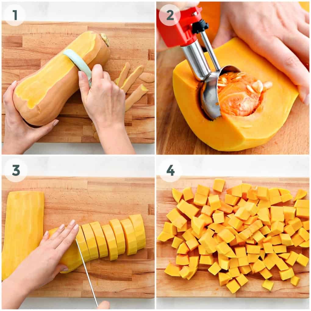 four steps of peeling, cutting, and cubing a butternut squash