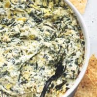 overhead view of baked dip in round dish