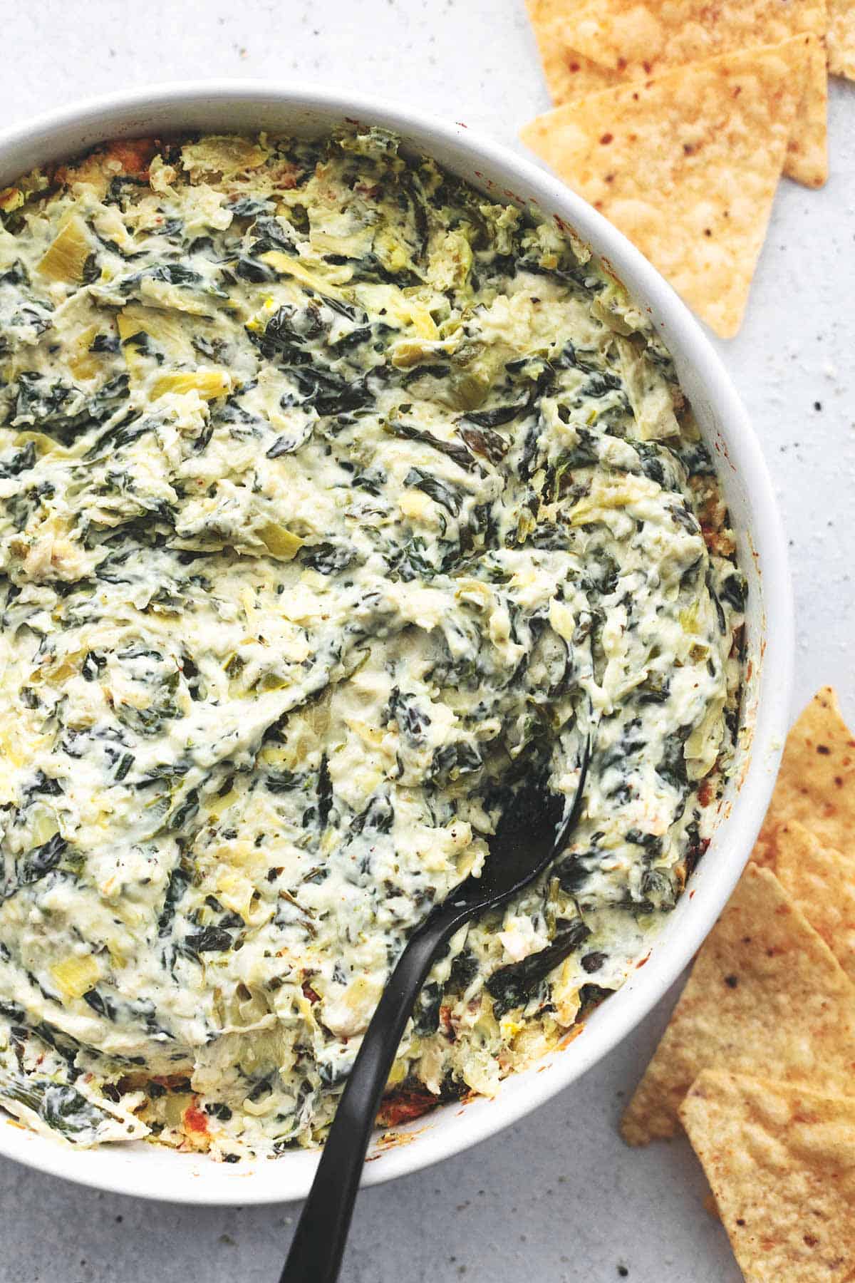 overhead view of baked dip in round dish