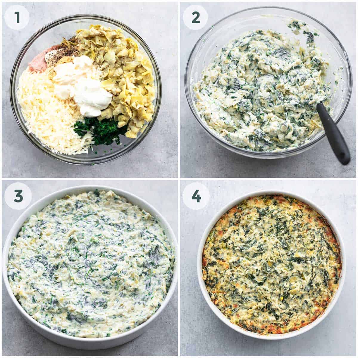 four steps of preparation for spinach artichoke dip