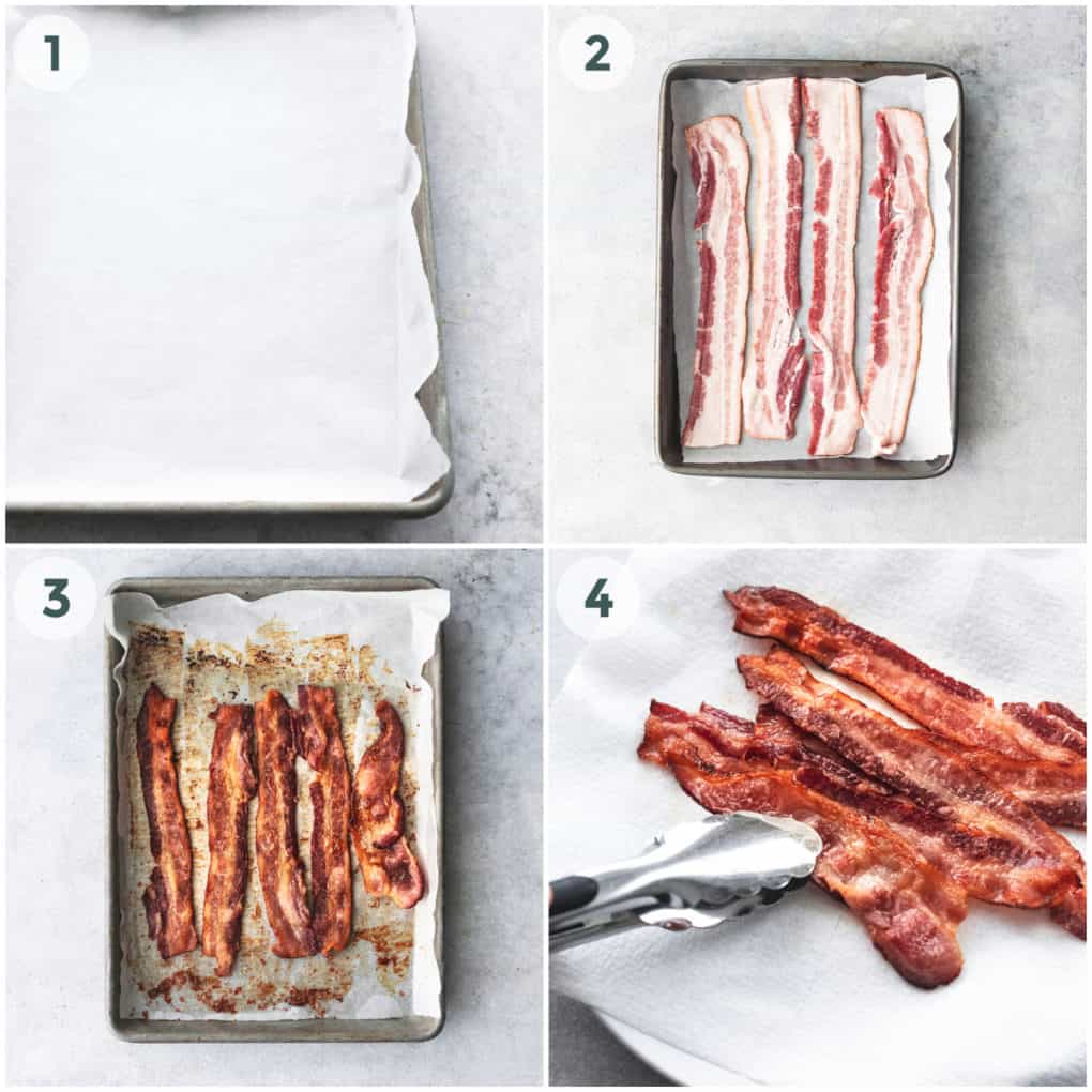 four steps of preparation of cooked crisp bacon in the oven