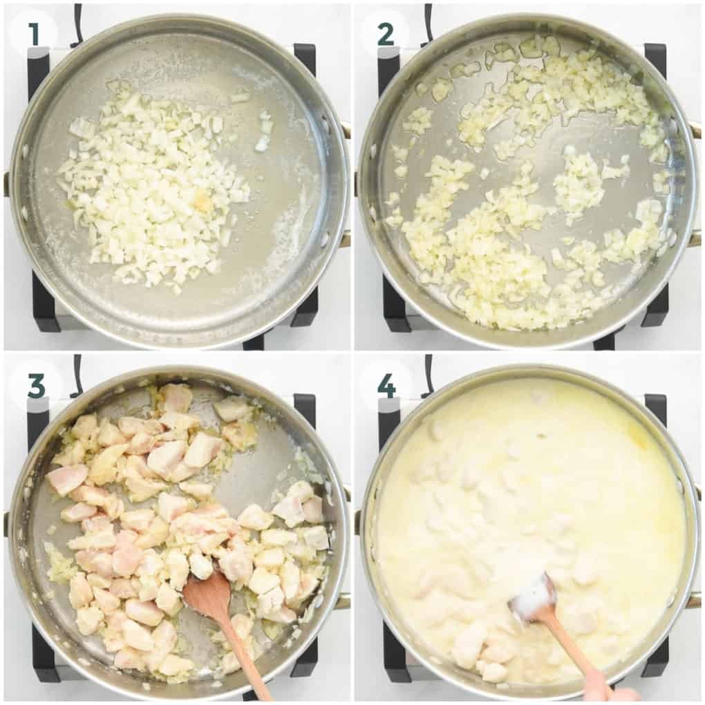 four steps of starting preparation for pesto chicken pasta recipe