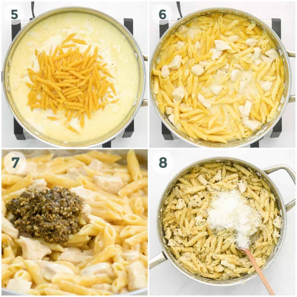 four steps of finishing chicken pesto pasta recipe