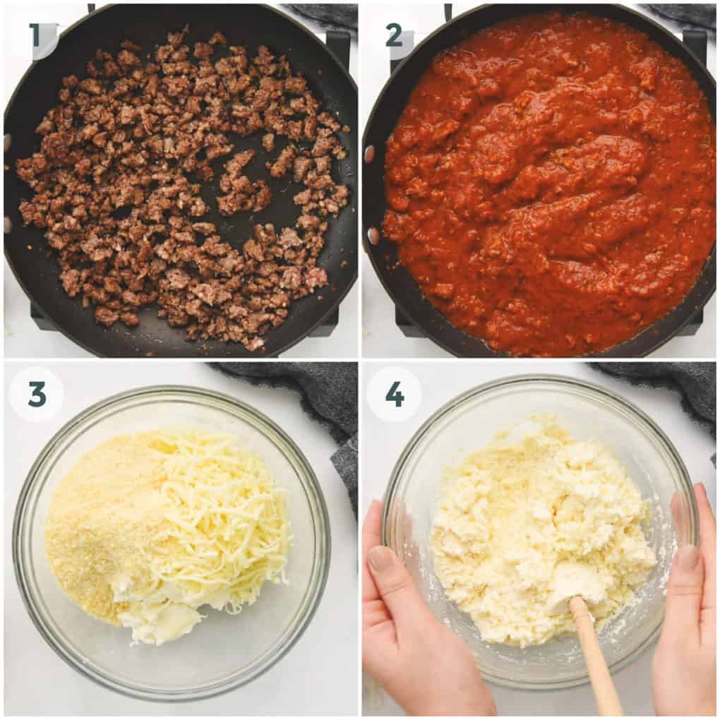four steps of preparing sauce and cheese for lasagna