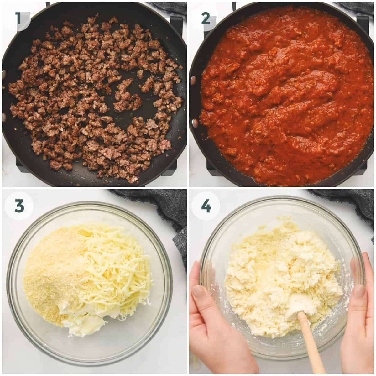 four steps of preparing sauce and cheese for lasagna