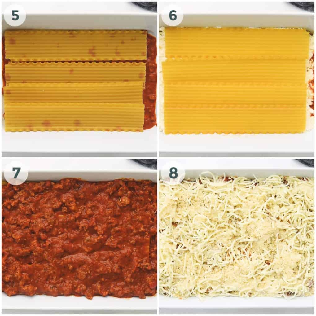 four steps of laying lasagna in casserole dish