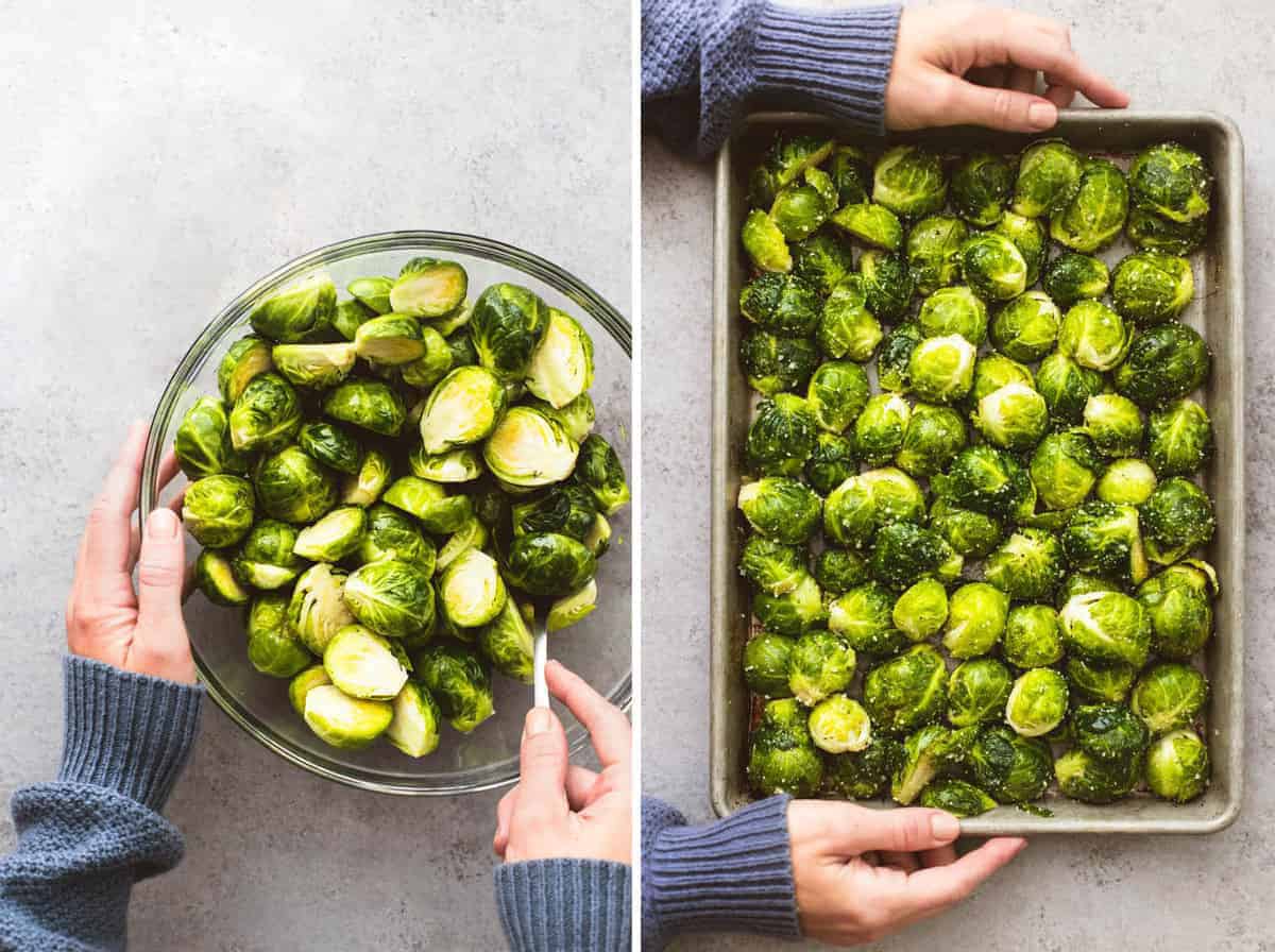 two steps of preparation of brussels sprouts