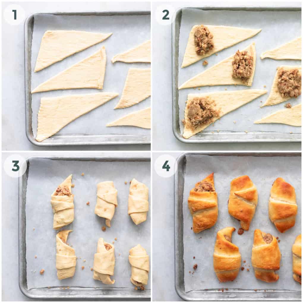 four steps of making pecan pie dessert roll ups