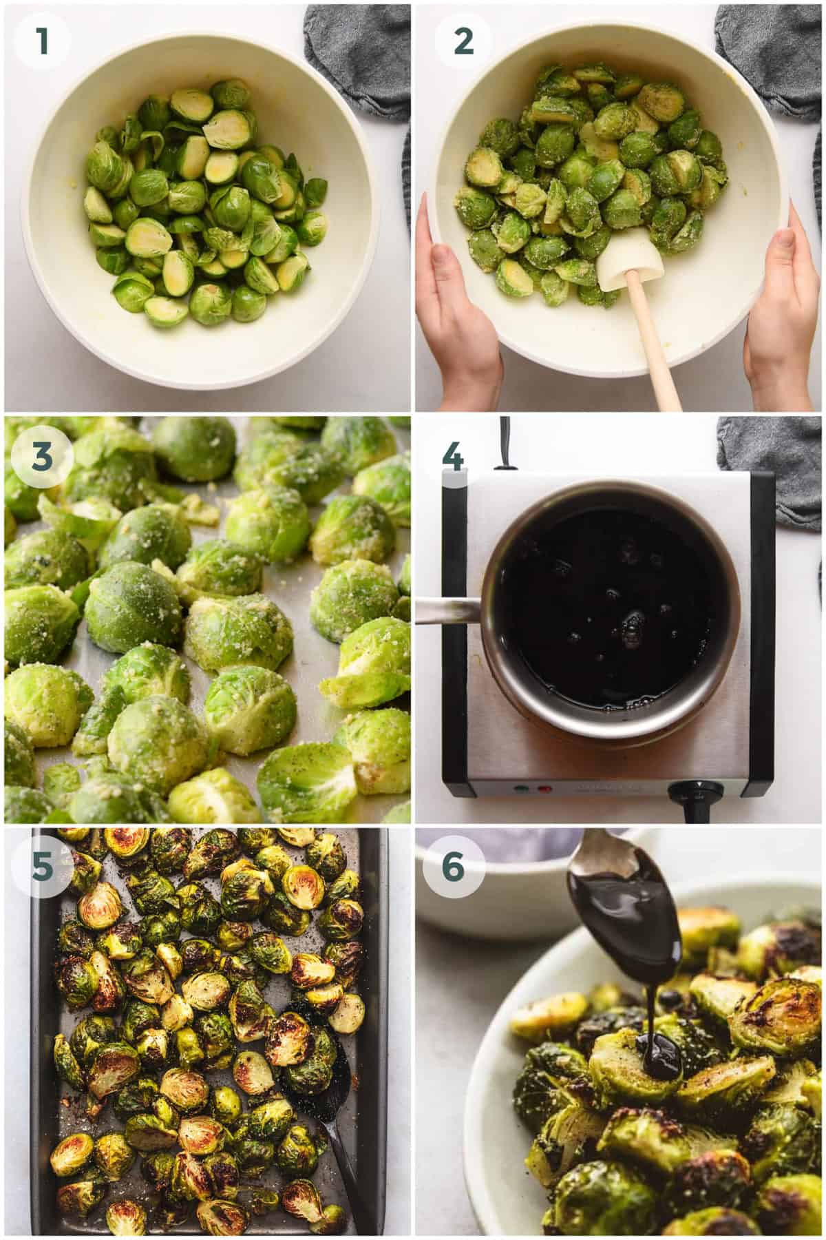 6 steps of preparing oven roasted brussels sprouts