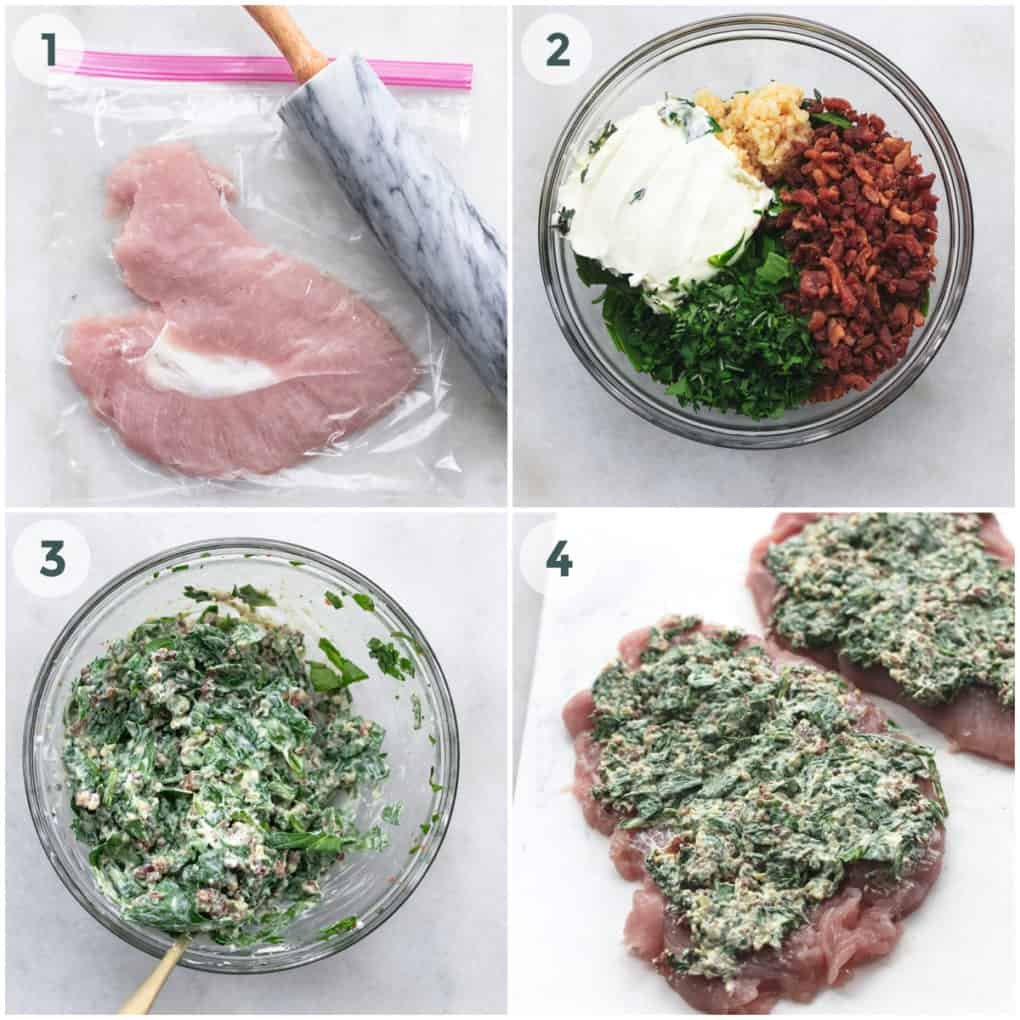 four steps of preparation of stuffing turkey breast