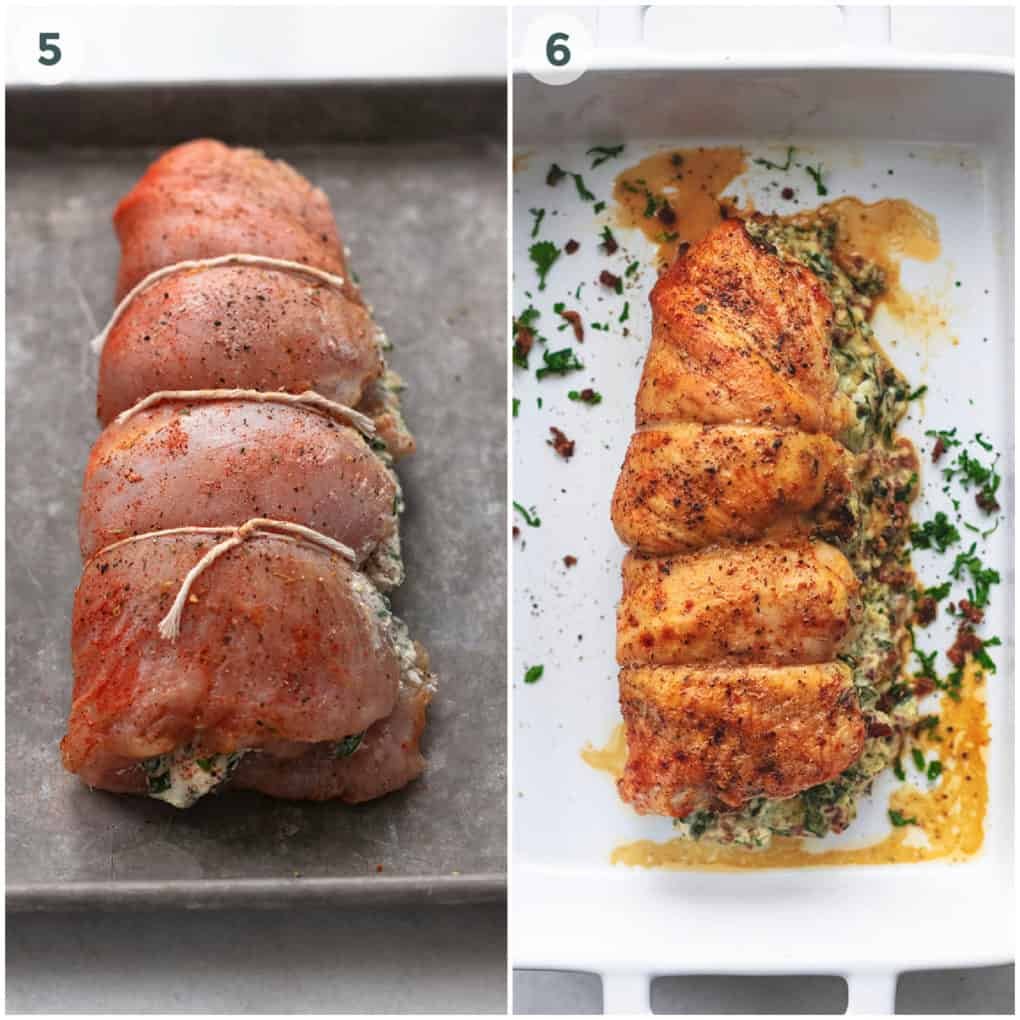 two steps of preparation for stuffed turkey breast