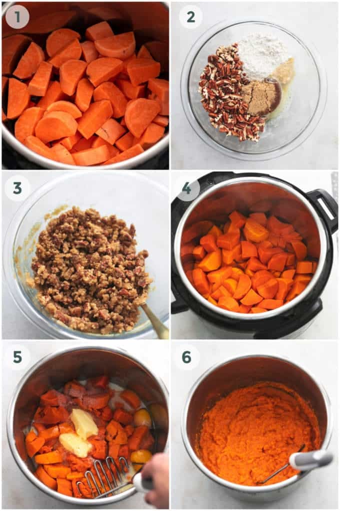 six steps of preparation of mashed sweet potatoes