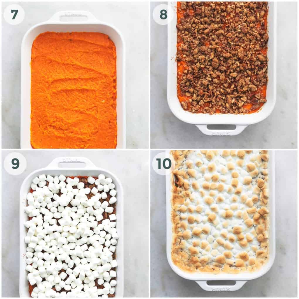 four steps of preparation of sweet potato casserole