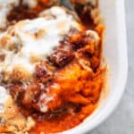 up close view of mashed sweet potato casserole