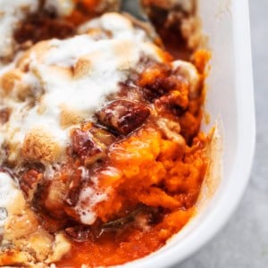 up close view of mashed sweet potato casserole