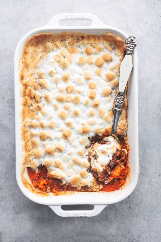 overhead view of sweet potato casserole with marshmallow topping
