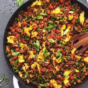 overhead view of skillet with cauliflower fried rice