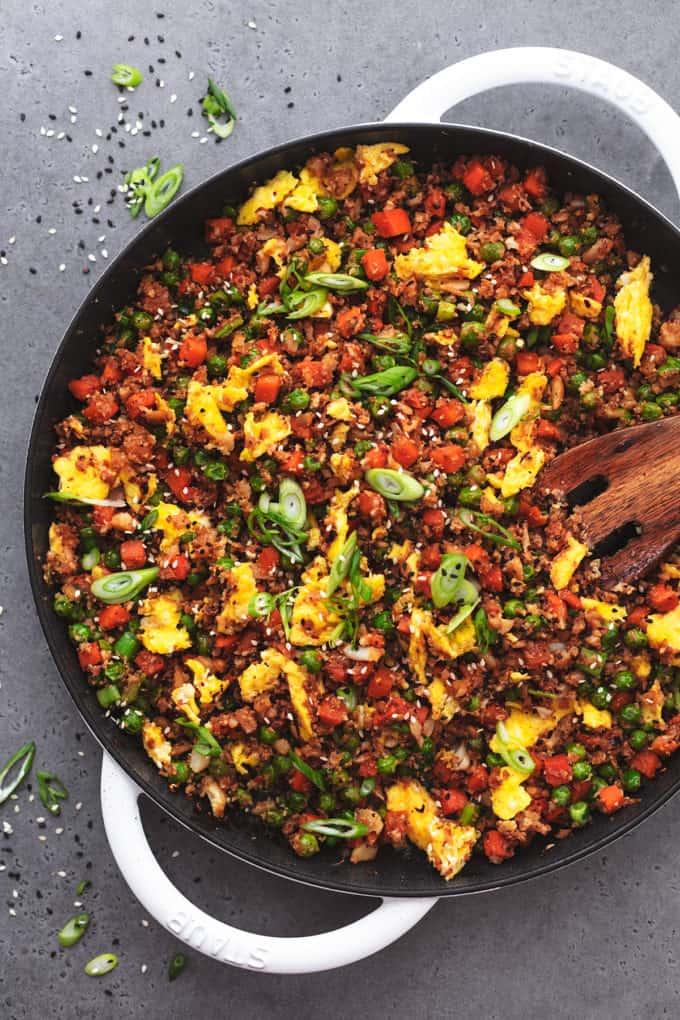 overhead view of skillet with cauliflower fried rice