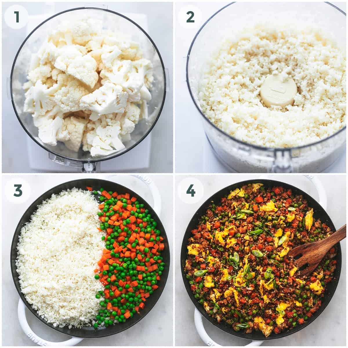 four steps of preparing cauliflower fried rice