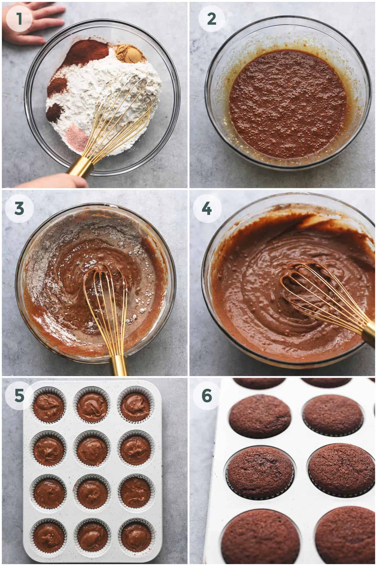 six steps of making gingerbread cupcakes