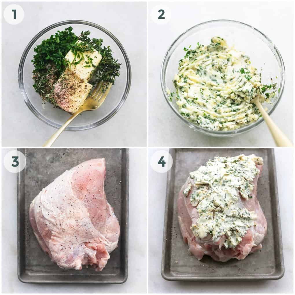 first four steps of preparing to roast a turkey breast