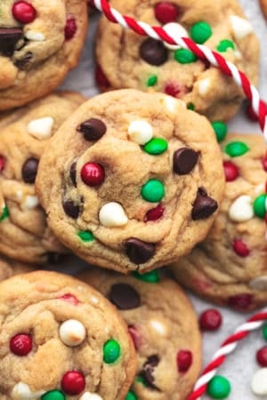 up close cookies with chocolate candy pieces and chocolate chips