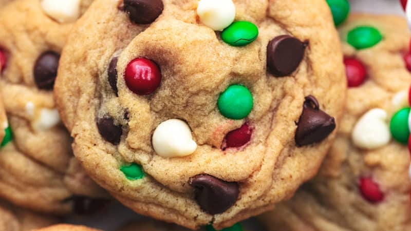 up close cookies with chocolate candy pieces and chocolate chips