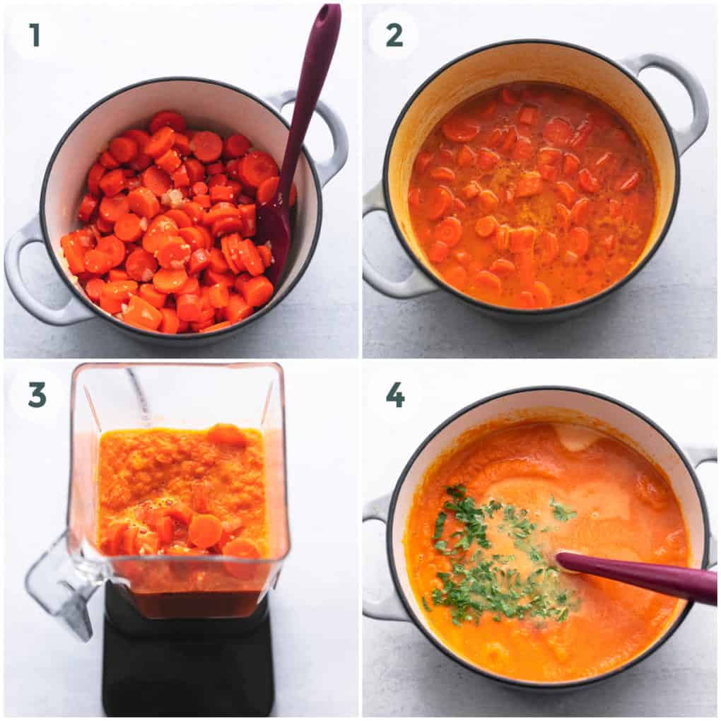 four steps of preparation of carrot coriander soup