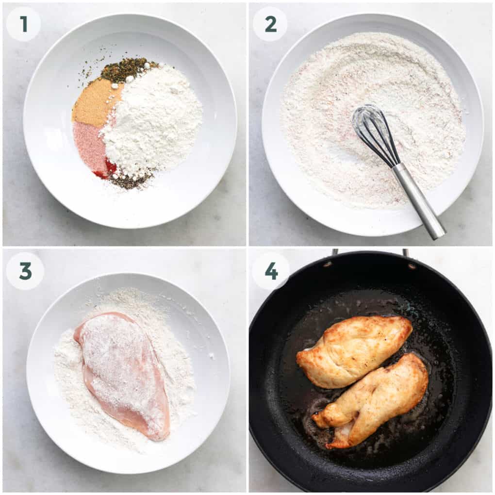 four steps of preparing lightly breaded chicken