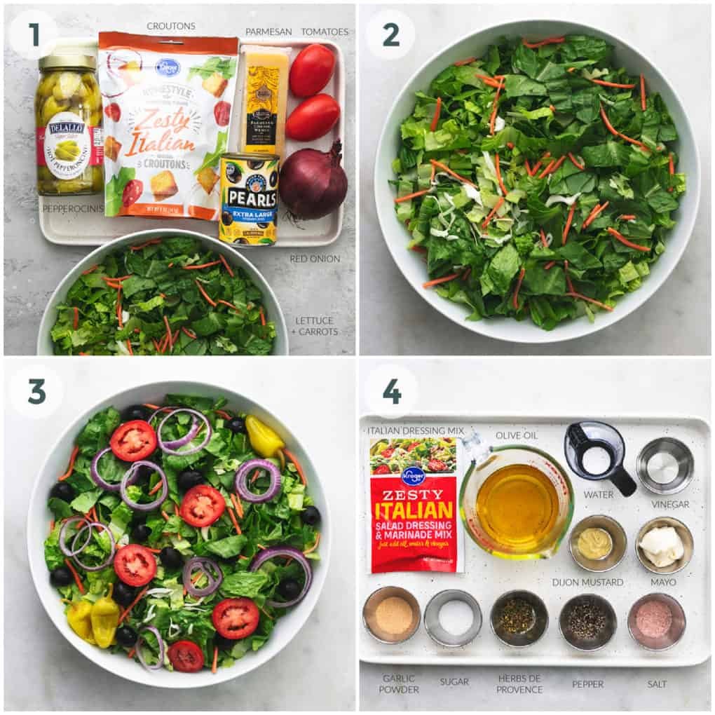 ingredients and steps of preparation for olive garden salad