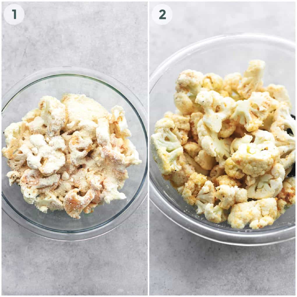two steps of preparing cauliflower before going into the oven