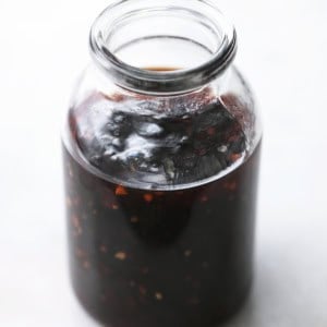 Asian stir fry sauce in a clear jar