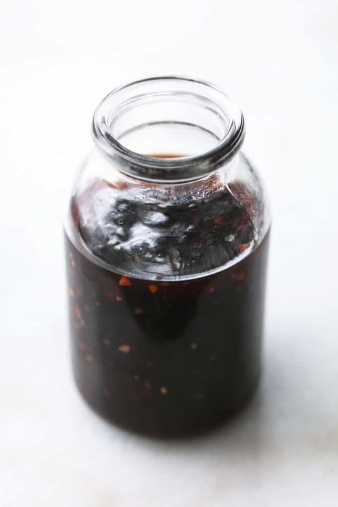 Asian stir fry sauce in a clear jar