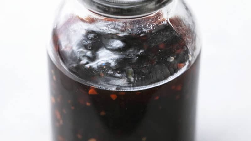 Asian stir fry sauce in a clear jar